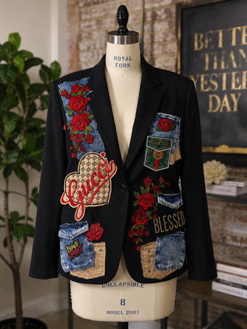 Heart & Roses Denim-Patch Statement Blazer